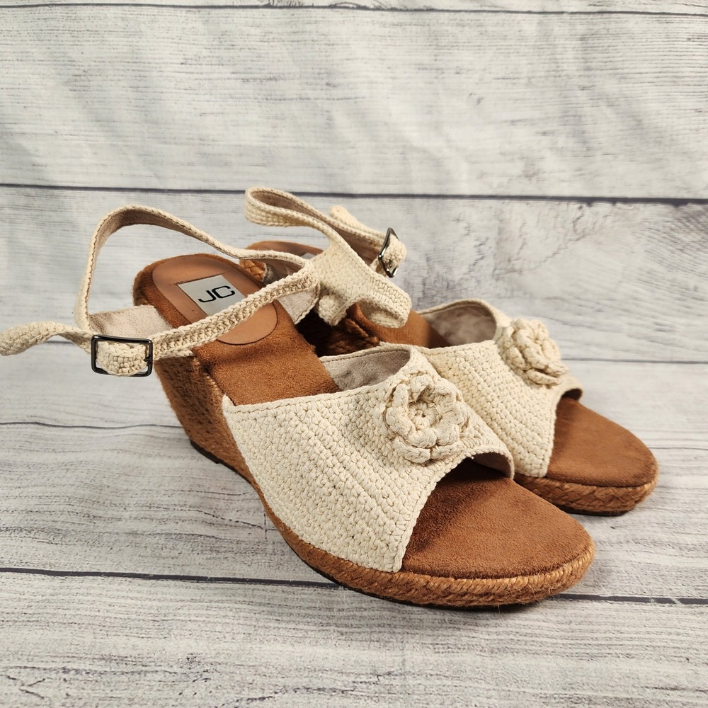 JC Women Size 8 Cream Crochet Flower Espadrille Wedge Sandals Boho Ankle Strap